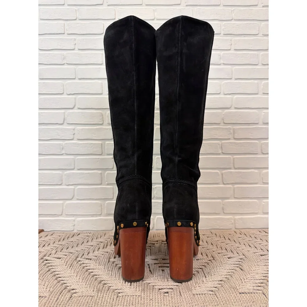 Veronica Beard Black Suede Studded Wooden Platform Clog Boots 8.5